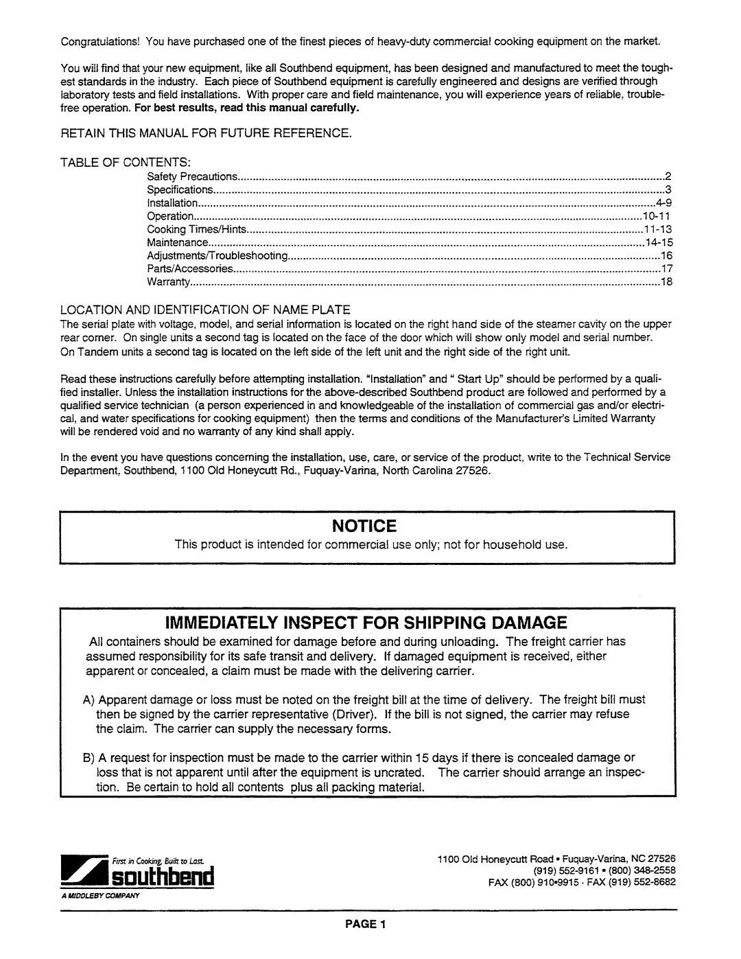 Southbend R2 manual Immediately Inspect for Shipping Damage, Table of Contents, Location and Identification of Name Plate 