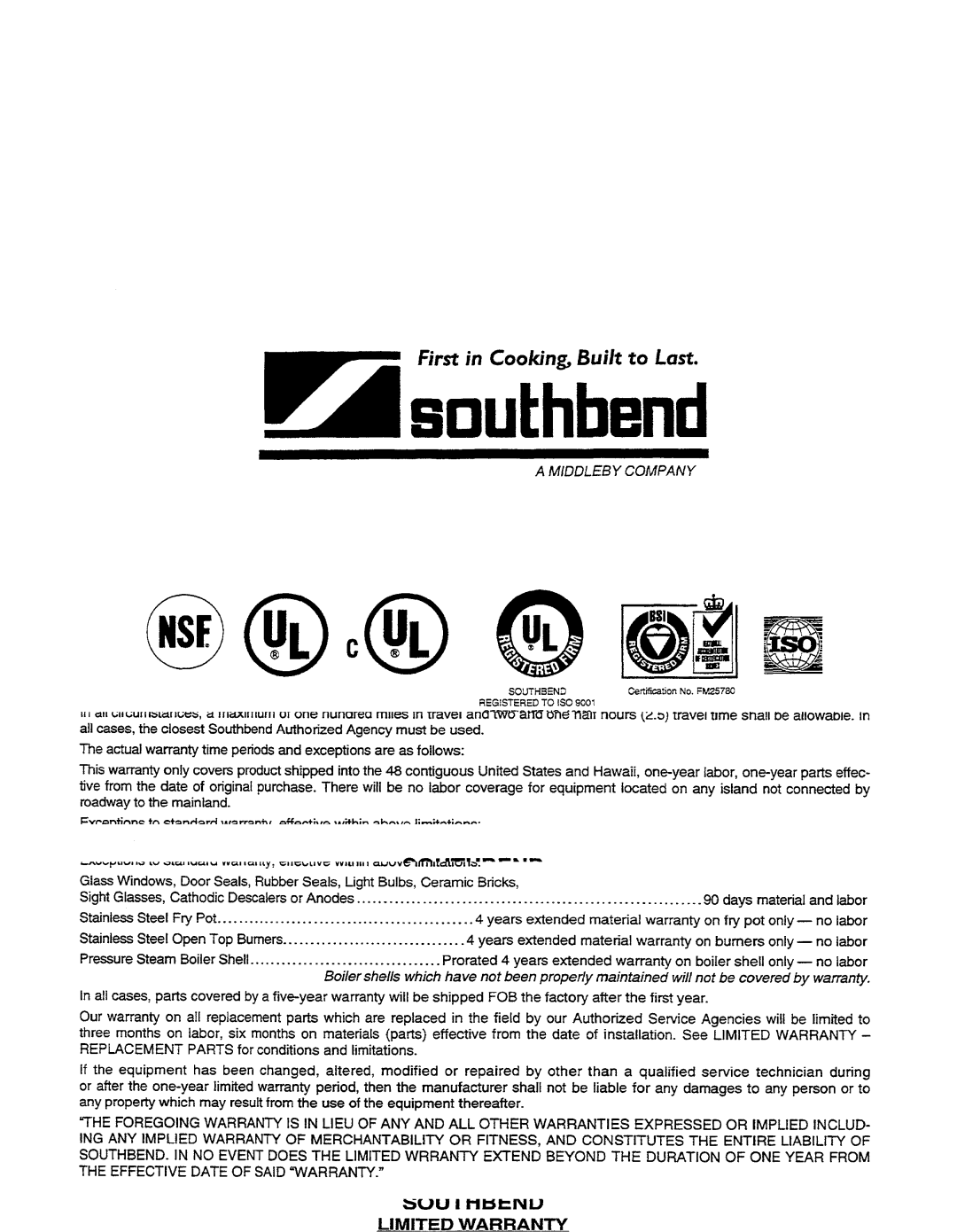 Southbend R2 manual Southbend, Middleby Company, Part Number 1177893 Printed W98 