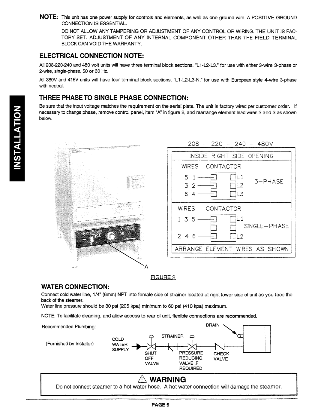 Southbend R2 manual Electrical Connection Note, Three Phaseto Single Phase Connection, Water Connection 