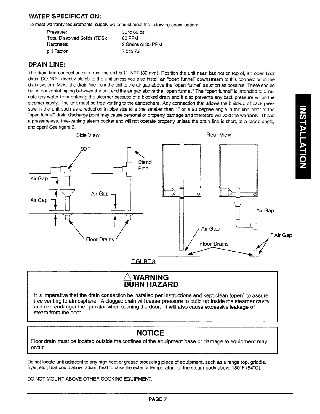 Southbend R2 manual Water Specification, Drain Line, Do not Mount Above Other Cooking Equipment 