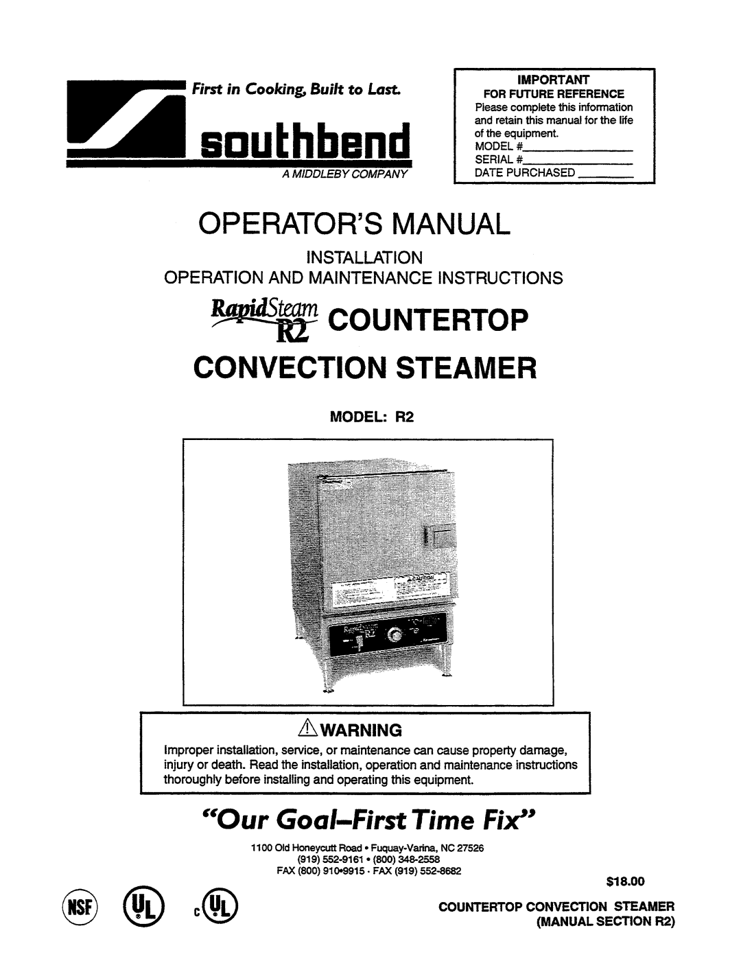 Southbend manual “Our Goal-FirstTime Fix”, Awarning, Installation, Operation And Maintenance Instructions, MODEL R2 