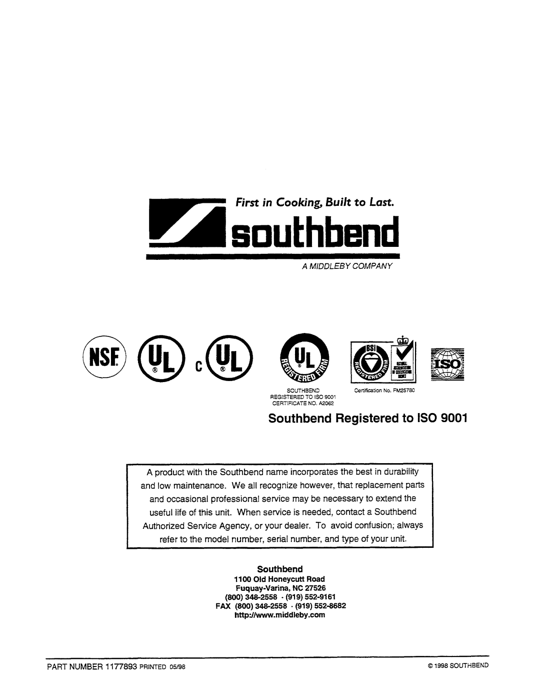 Southbend R2 manual Southbend Registered to IS0 