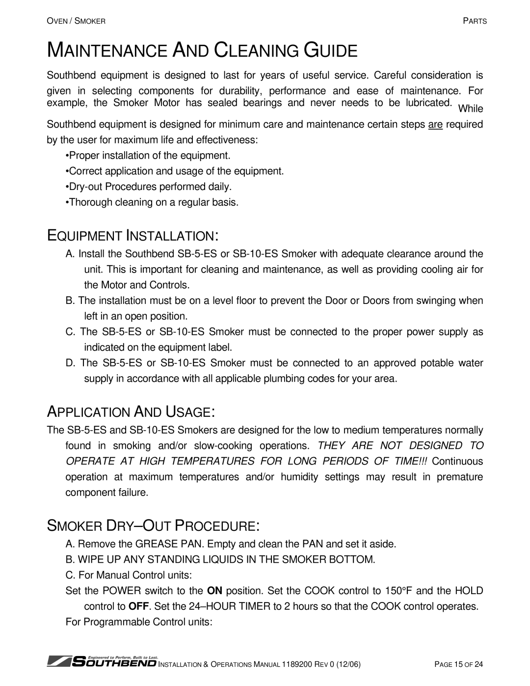 Southbend SB-5-ES Maintenance and Cleaning Guide, Equipment Installation, Application and Usage, Smoker DRY-OUT Procedure 