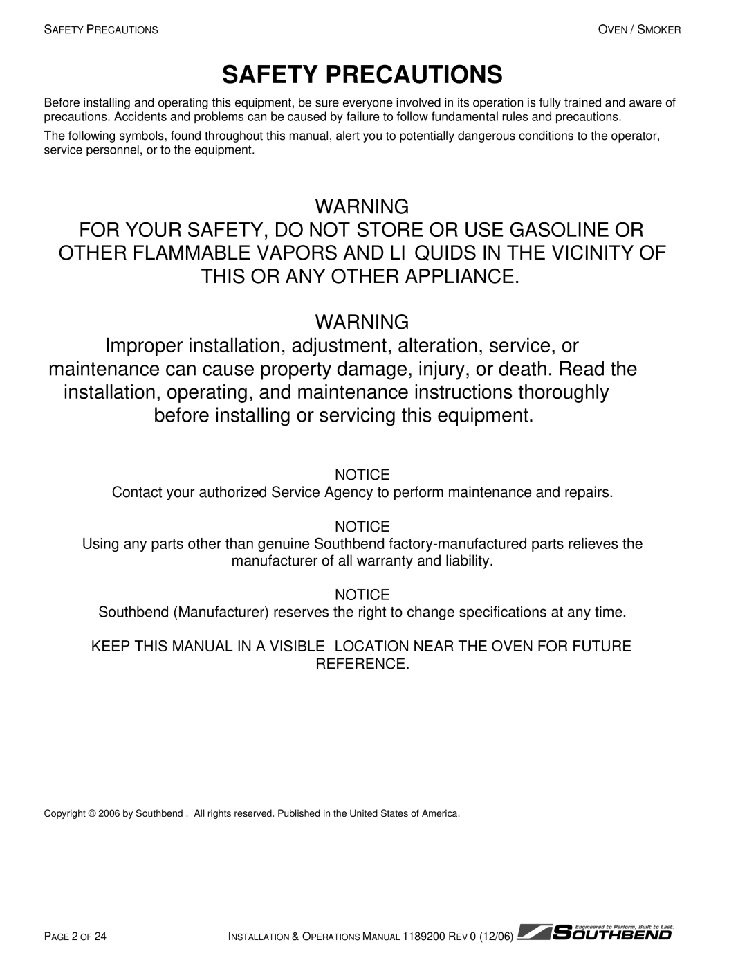 Southbend SB-10-ES, SB-5-ES manual Safety Precautions 