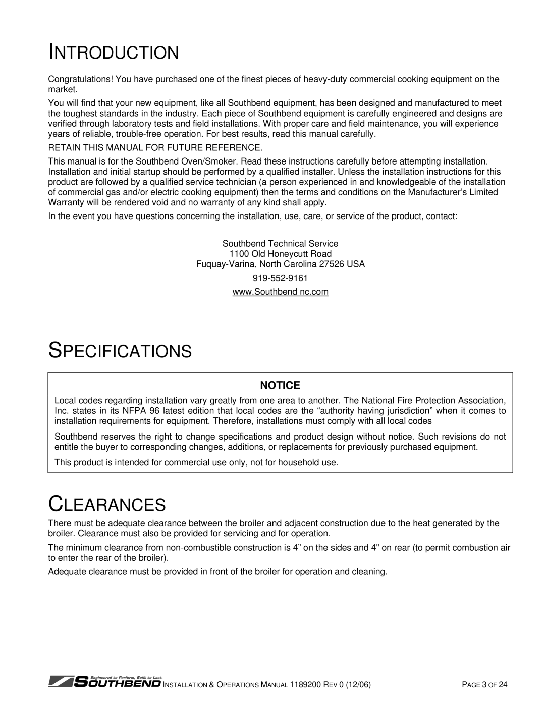 Southbend SB-5-ES, SB-10-ES manual Introduction, Specifications, Clearances 