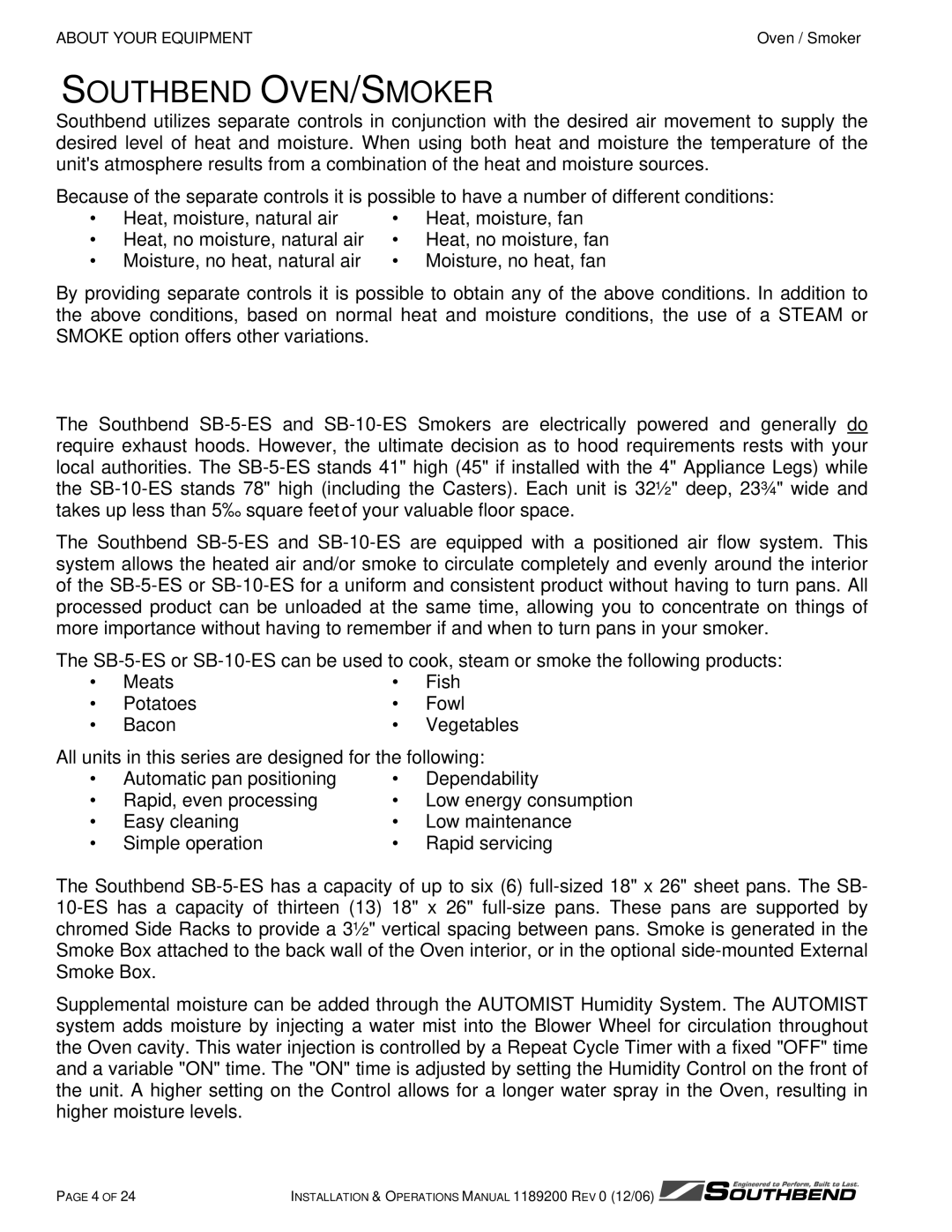 Southbend SB-10-ES, SB-5-ES manual Southbend OVEN/SMOKER 