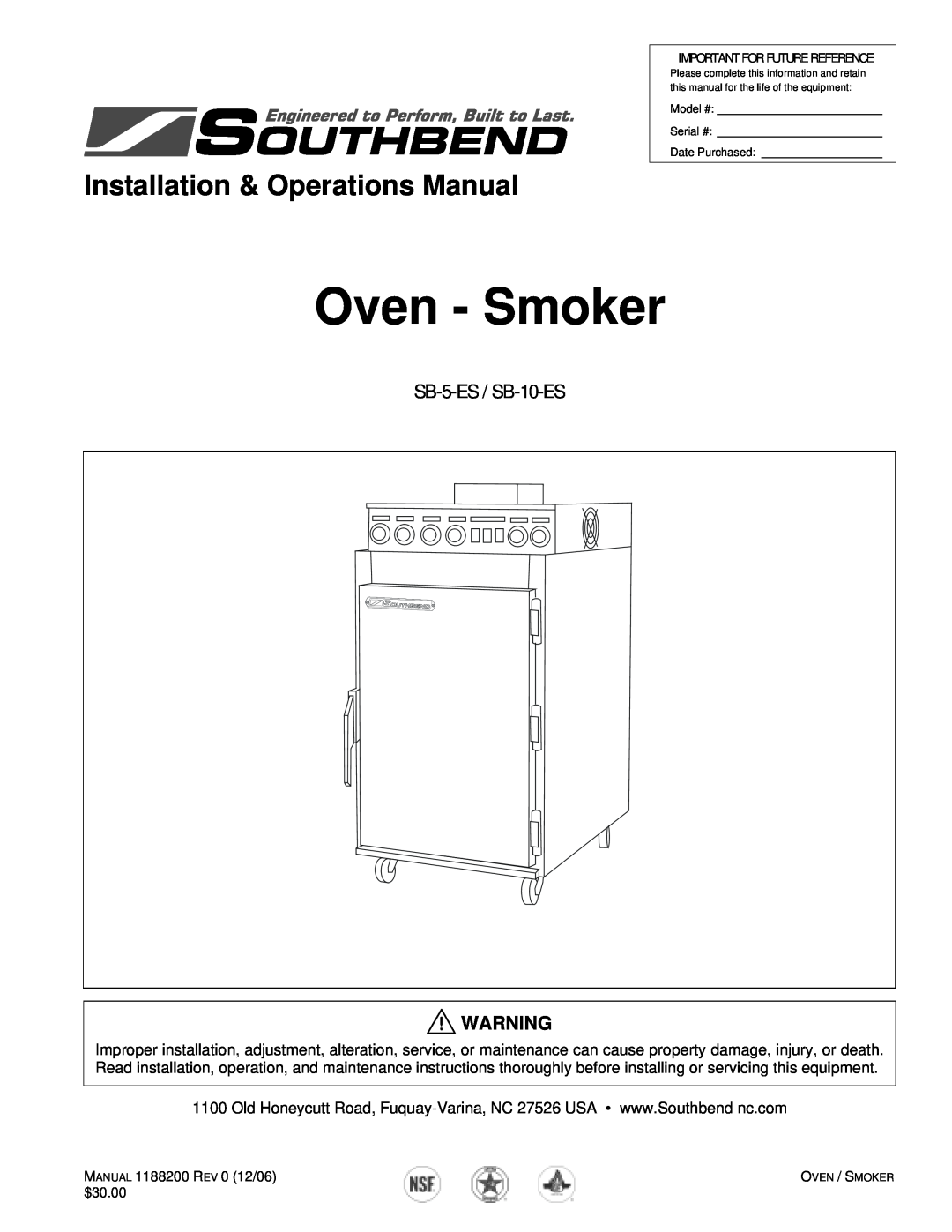 Southbend manual Oven - Smoker, Installation & Operations Manual, SB-5-ES / SB-10-ES 