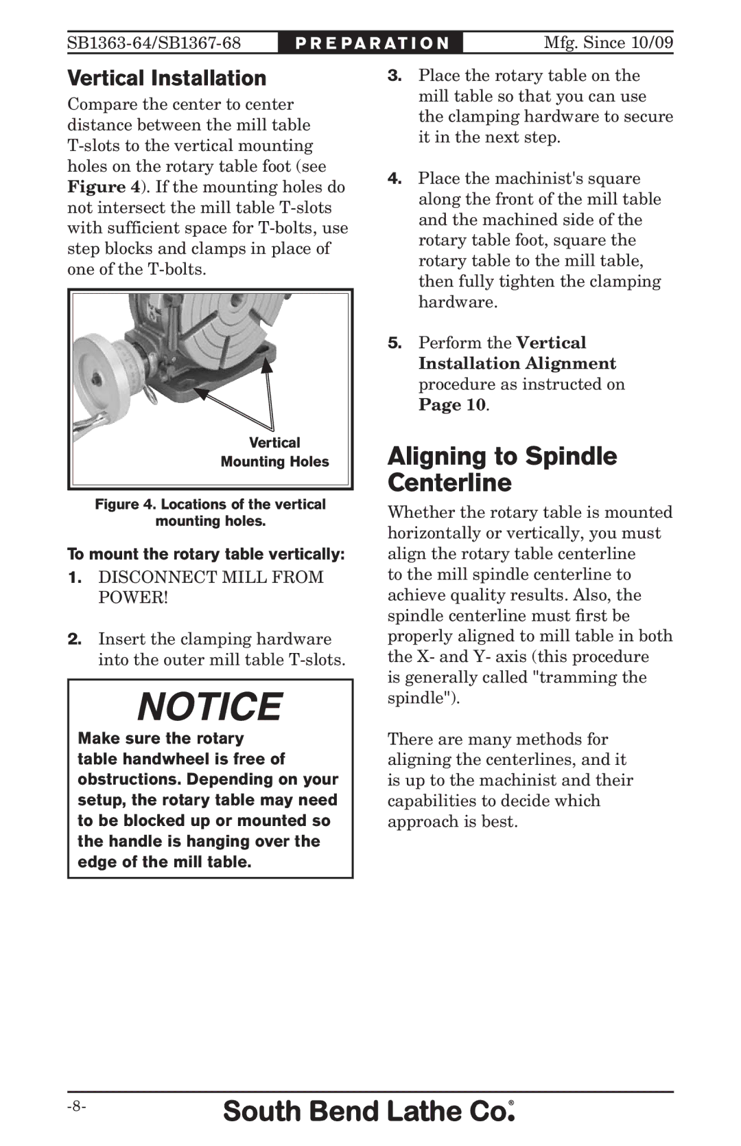 Southbend SB, 1368 owner manual Vertical Installation, To mount the rotary table vertically 