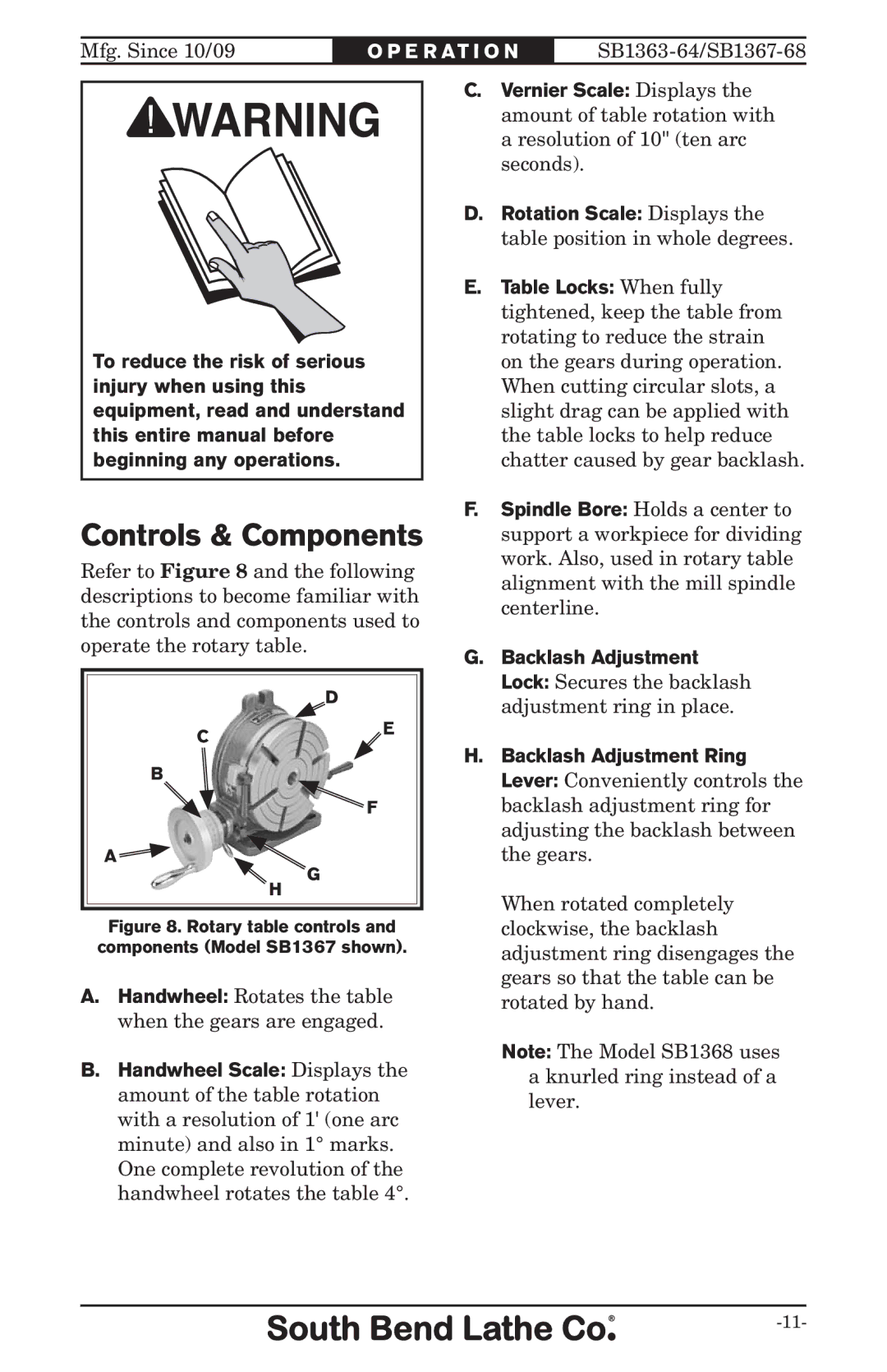 Southbend 1368, SB owner manual Controls & Components 