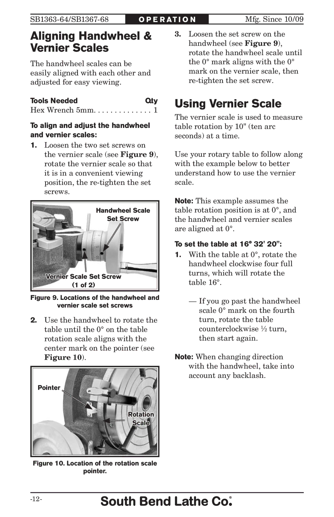 Southbend SB, 1368 Aligning Handwheel & Vernier Scales, Using Vernier Scale, Tools Needed Qty, To set the table at 16 32 