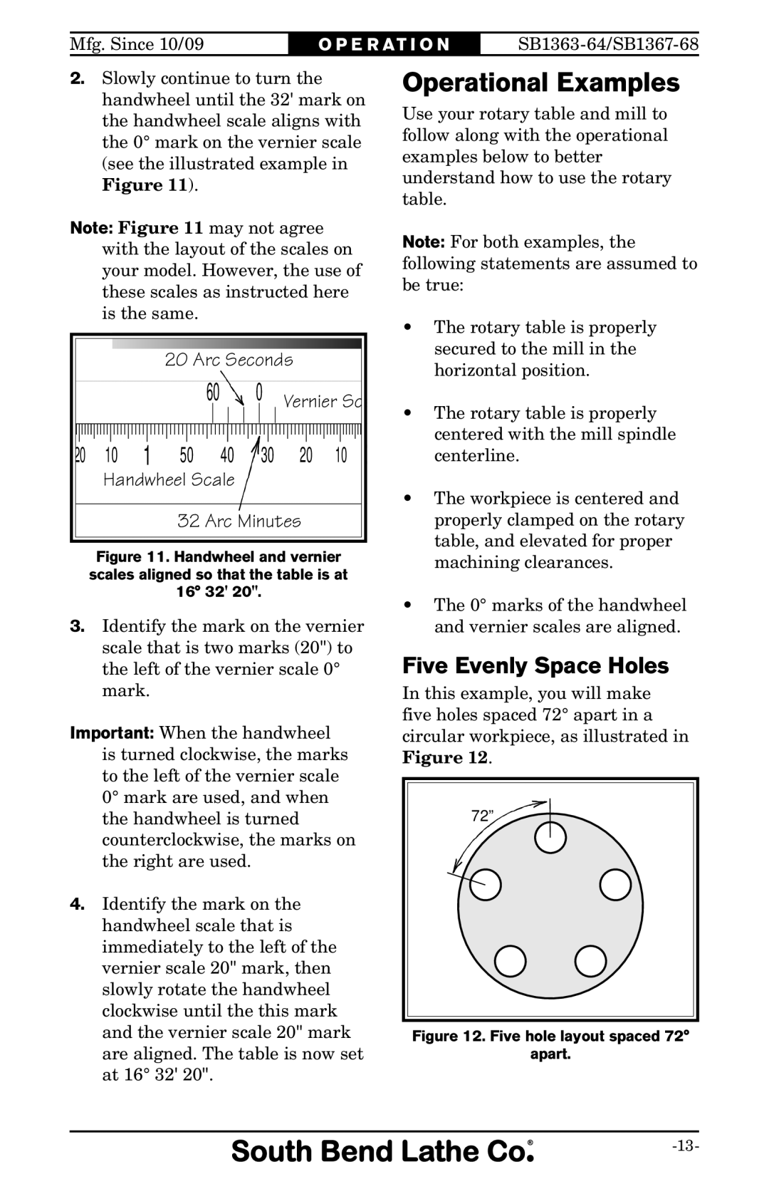 Southbend 1368, SB owner manual Operational Examples, Five Evenly Space Holes 