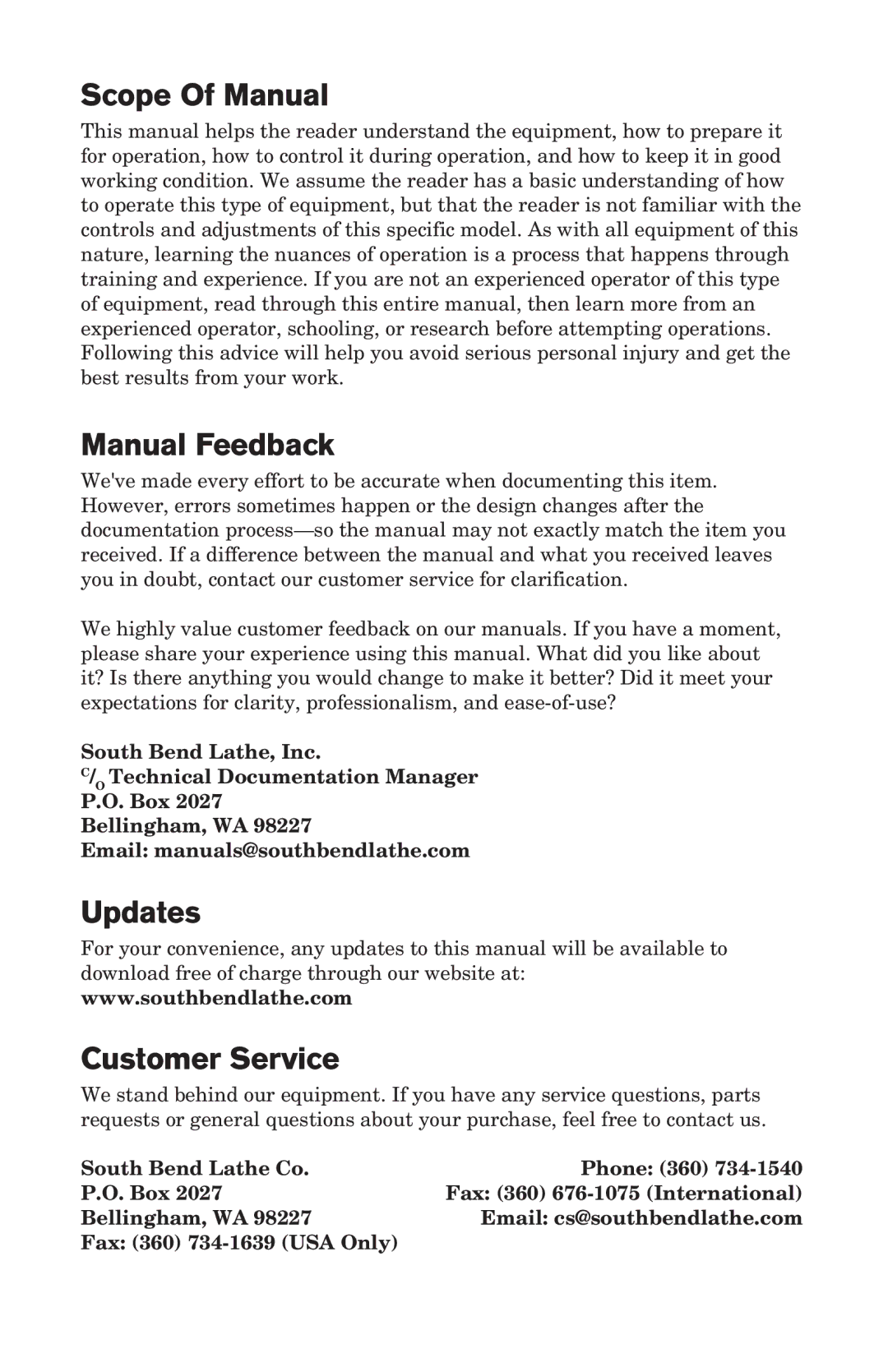 Southbend SB, 1368 owner manual Scope Of Manual, Manual Feedback, Updates Customer Service 