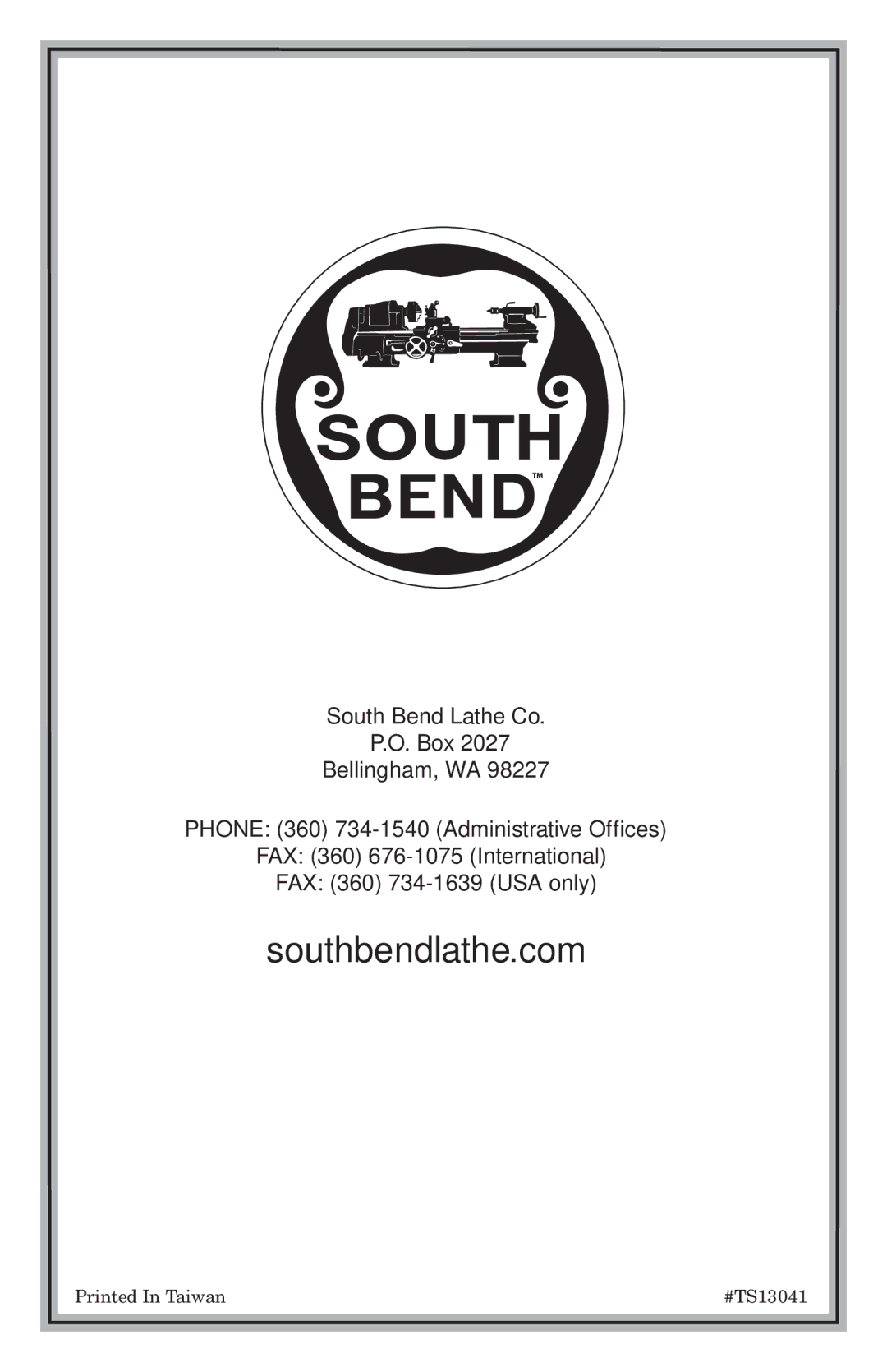 Southbend SB, 1368 owner manual Southbendlathe.com 