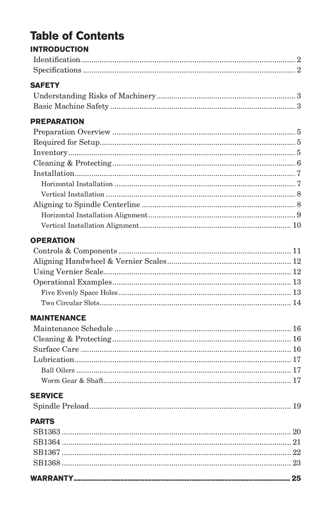 Southbend 1368, SB owner manual Table of Contents 