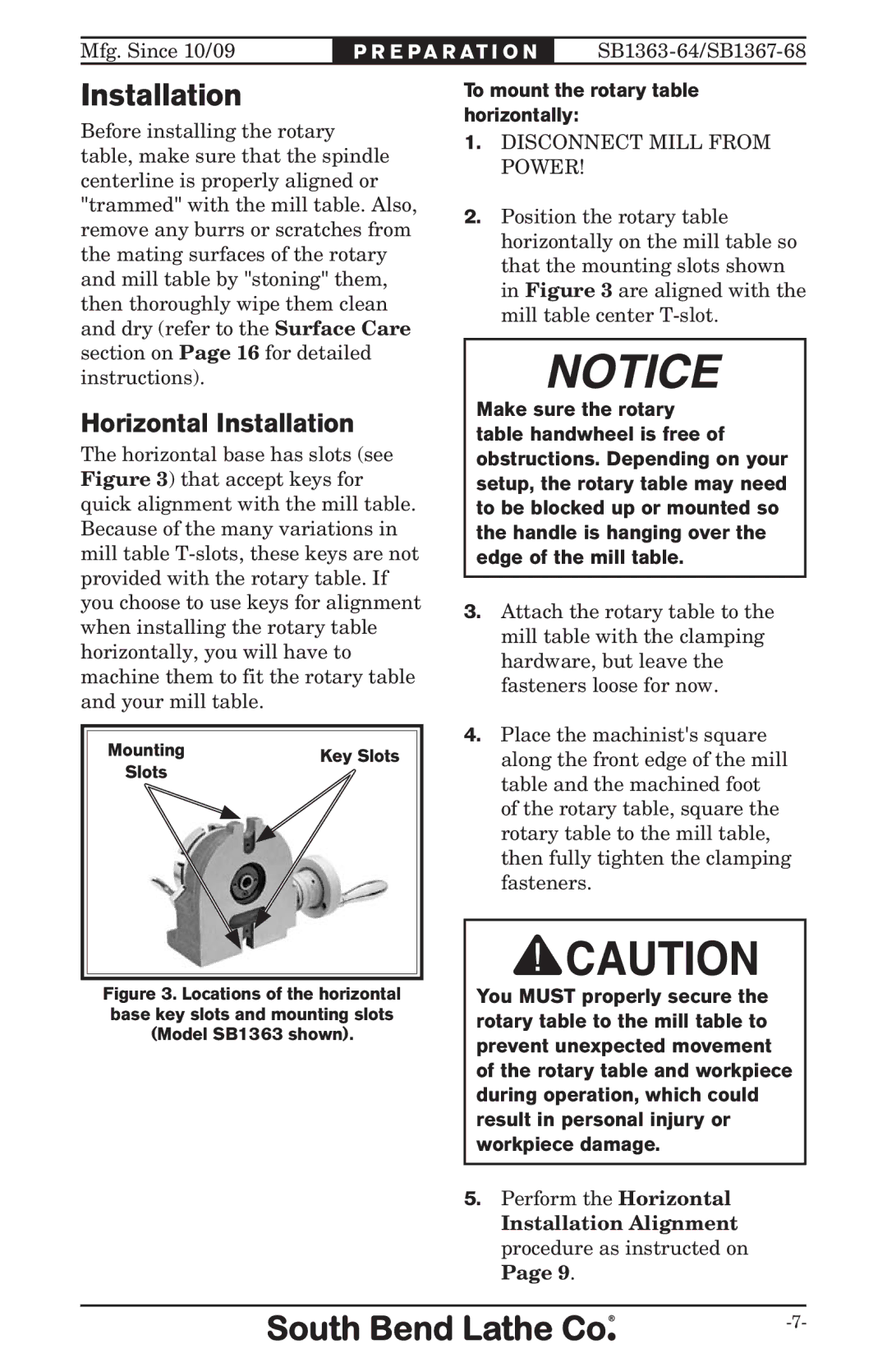 Southbend 1368, SB owner manual Horizontal Installation, To mount the rotary table horizontally 