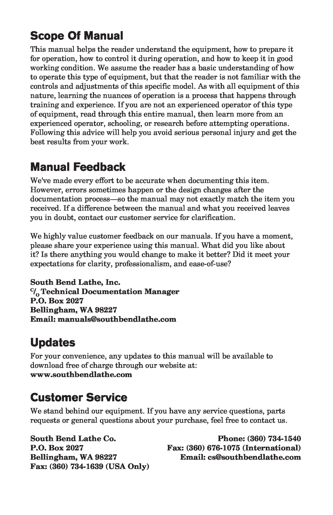 Southbend SB Scope Of Manual, Manual Feedback, Updates, Customer Service, Bellingham, WA Email manuals@southbendlathe.com 
