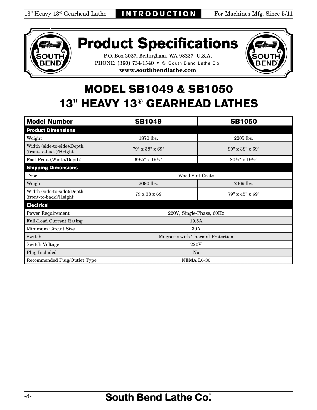 Southbend SB owner manual Product Speciﬁcations 