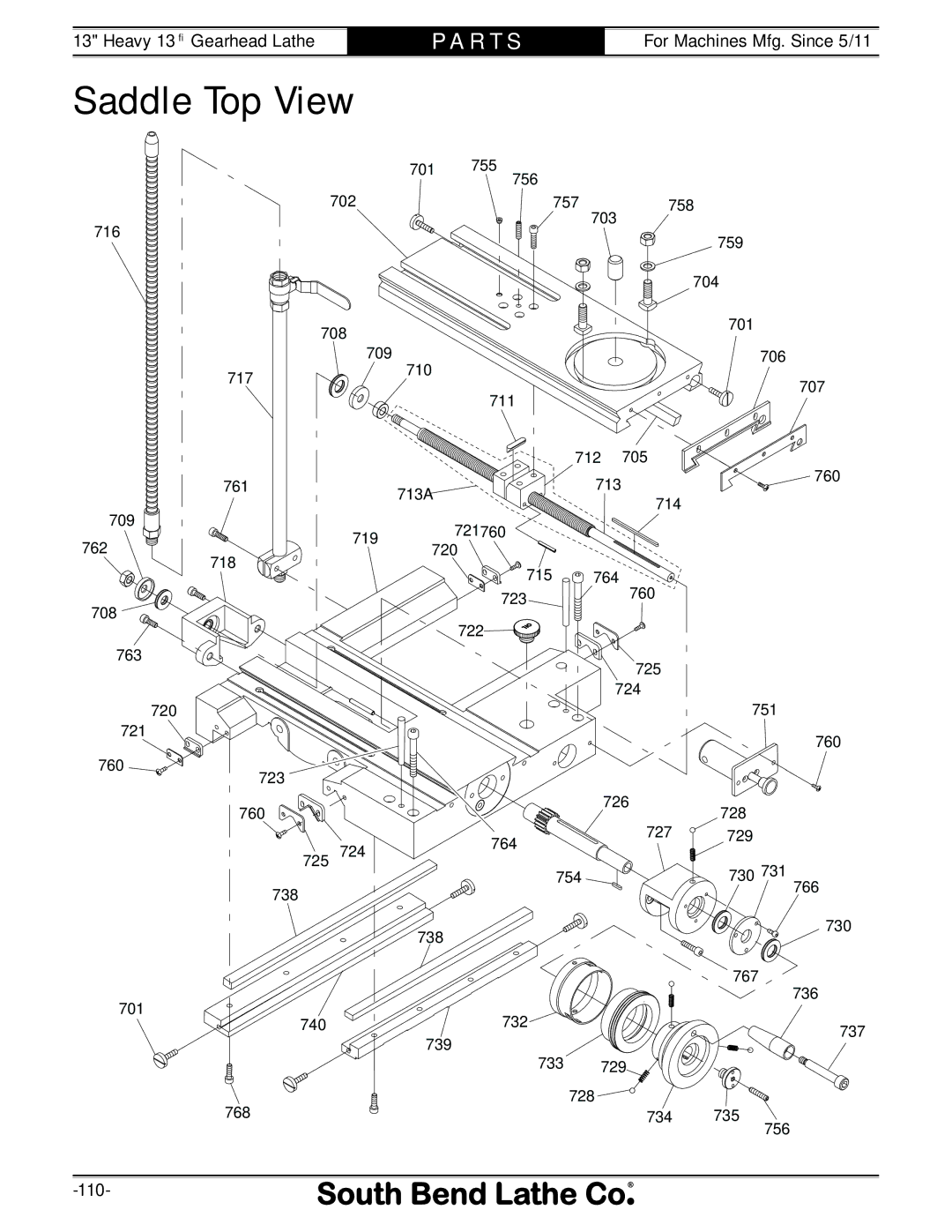 Southbend SB owner manual Saddle Top View, 721 