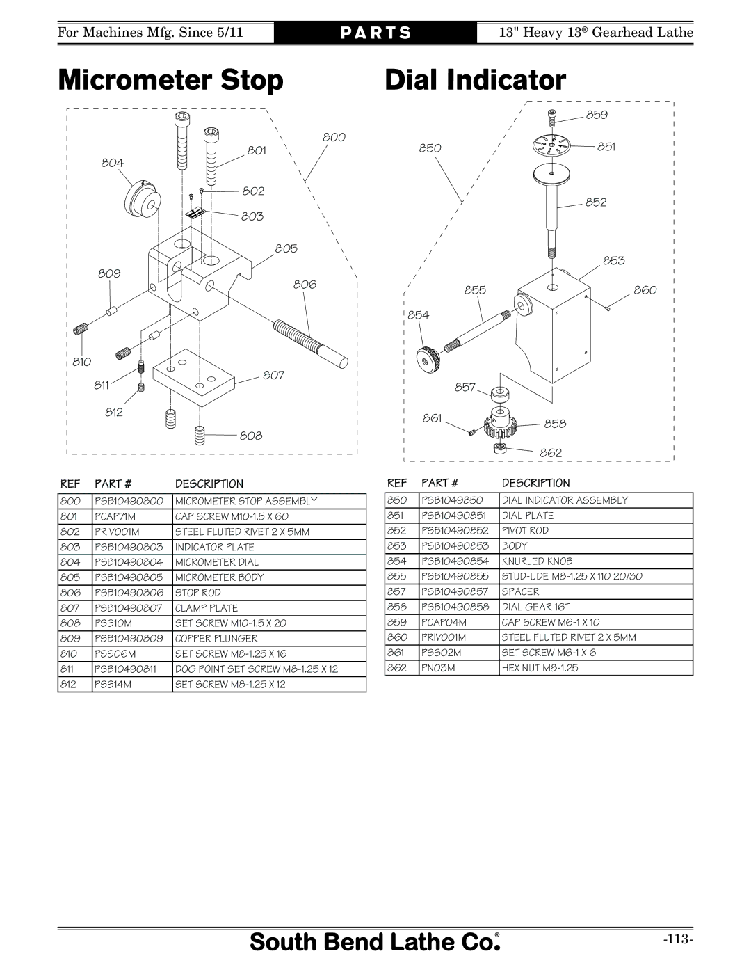 Southbend SB owner manual Micrometer Stop Dial Indicator, 850 851 852 853 855 860 854 857 861 858 862 