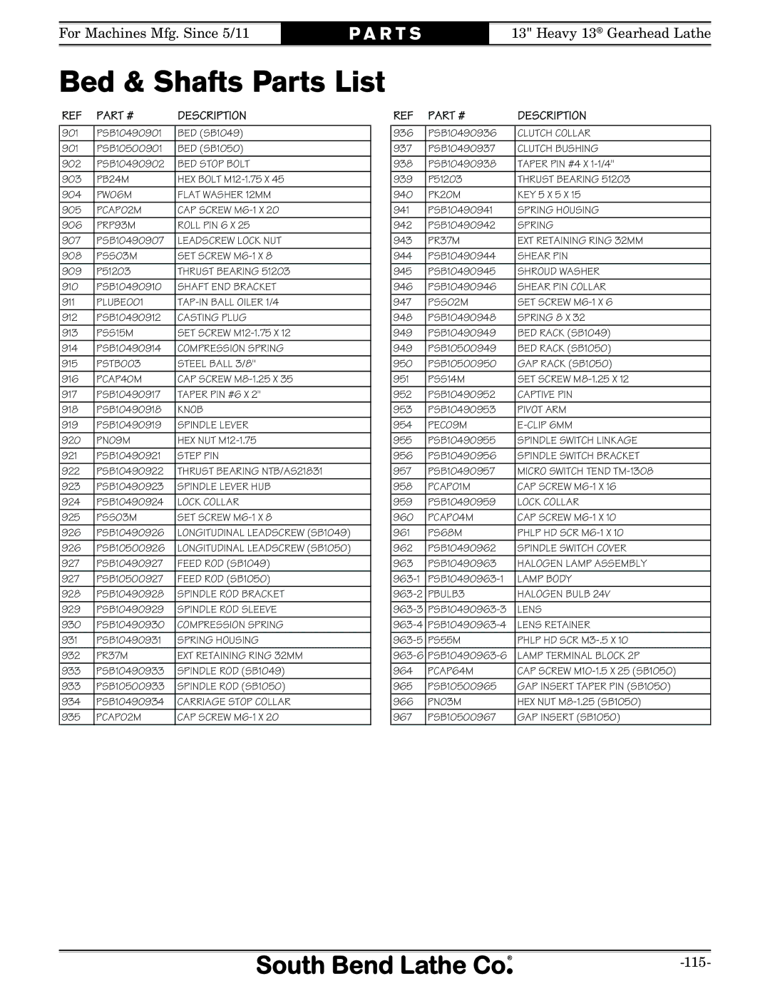 Southbend SB owner manual Bed & Shafts Parts List 