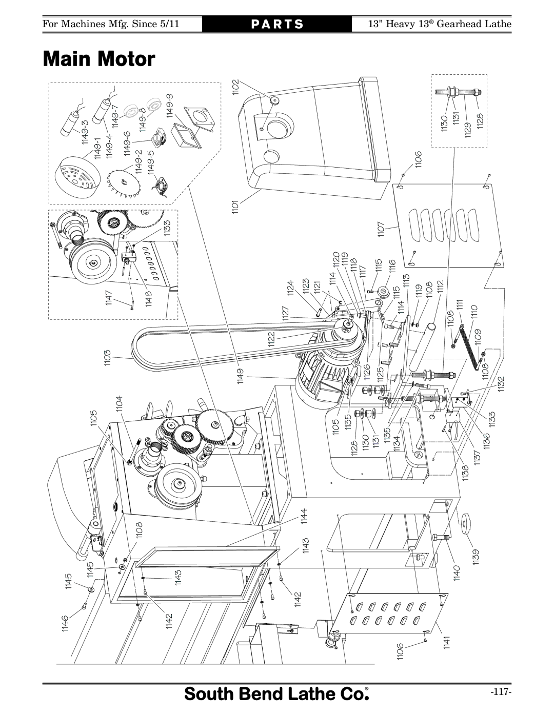 Southbend SB owner manual Main Motor 