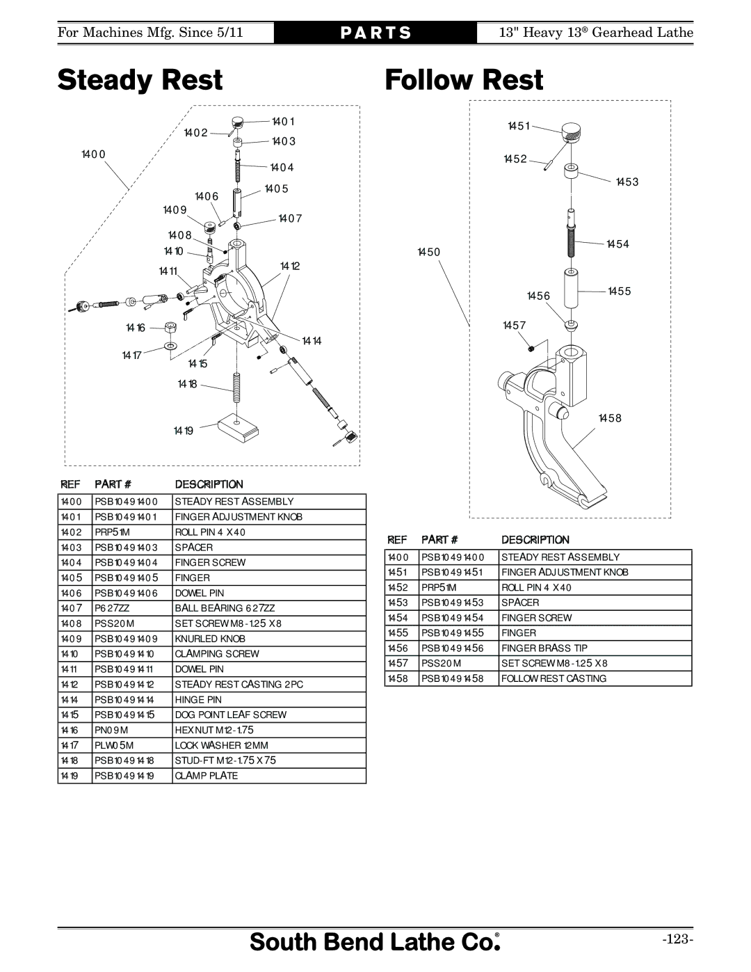 Southbend SB owner manual Steady Rest Follow Rest, 1450 1456 1457 1454 1455 1458 