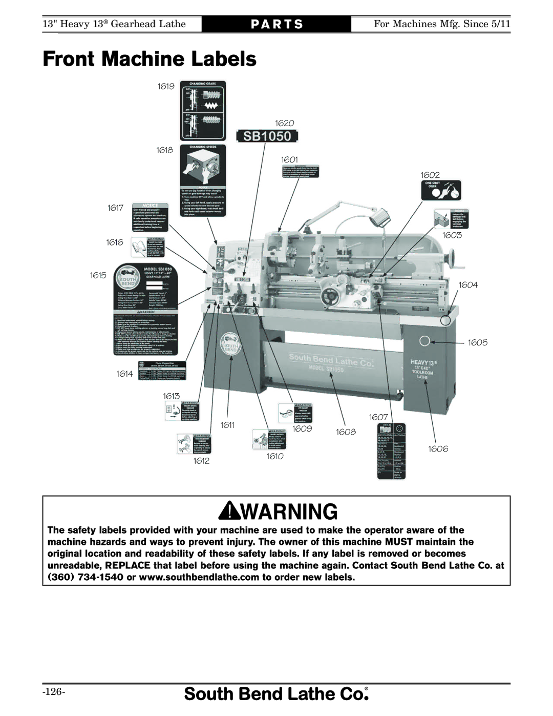 Southbend SB owner manual Front Machine Labels 