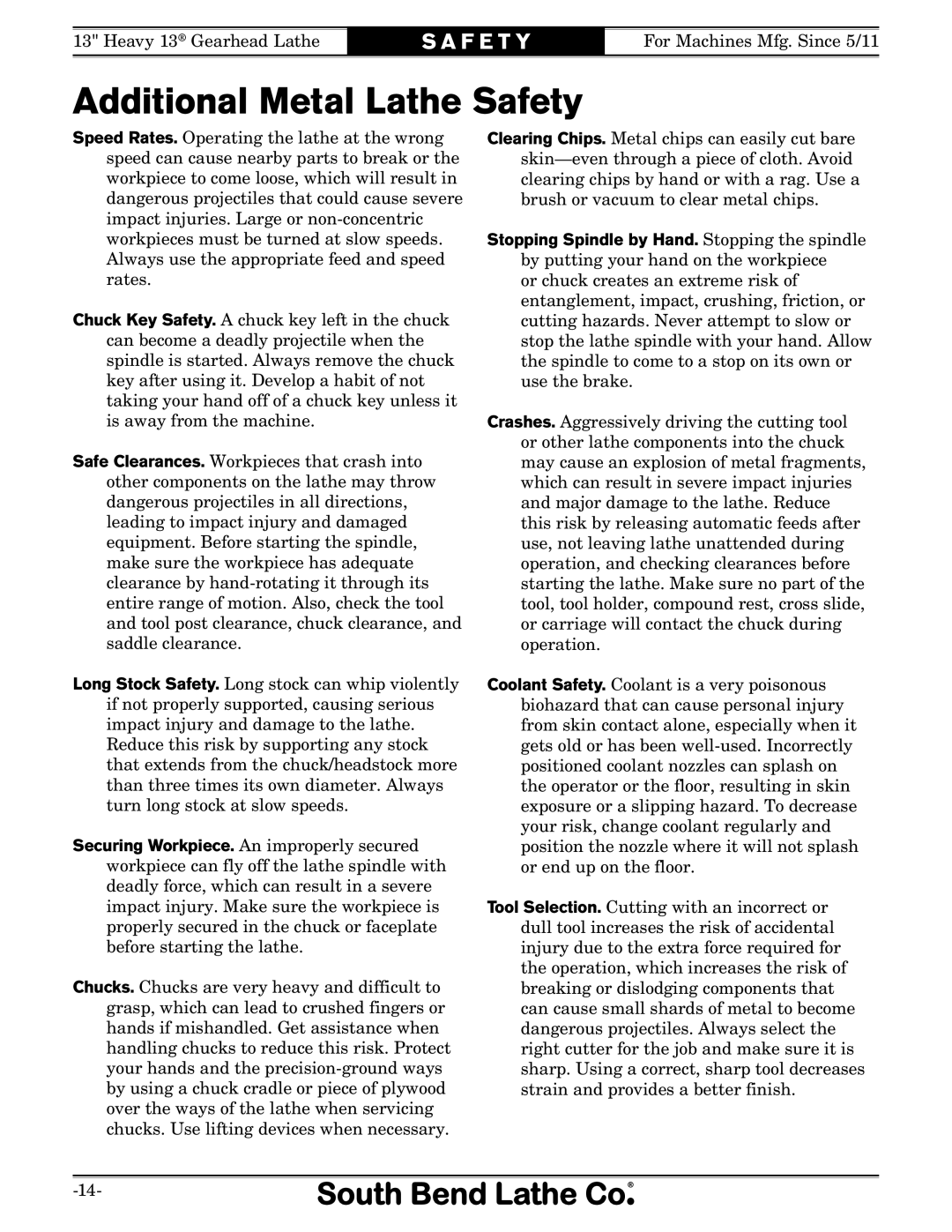 Southbend SB owner manual Additional Metal Lathe Safety 