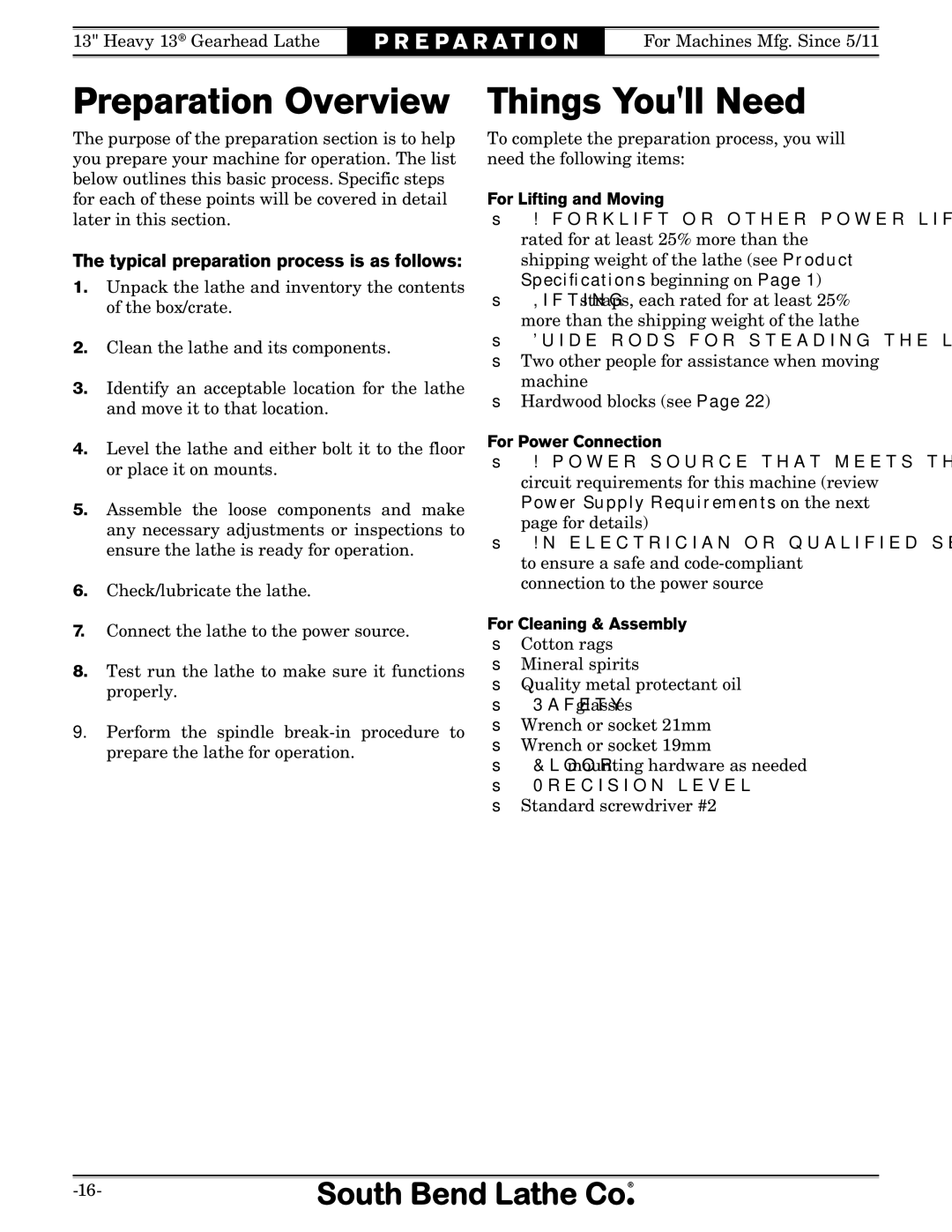 Southbend SB owner manual Preparation Overview, Things Youll Need, Typical preparation process is as follows 