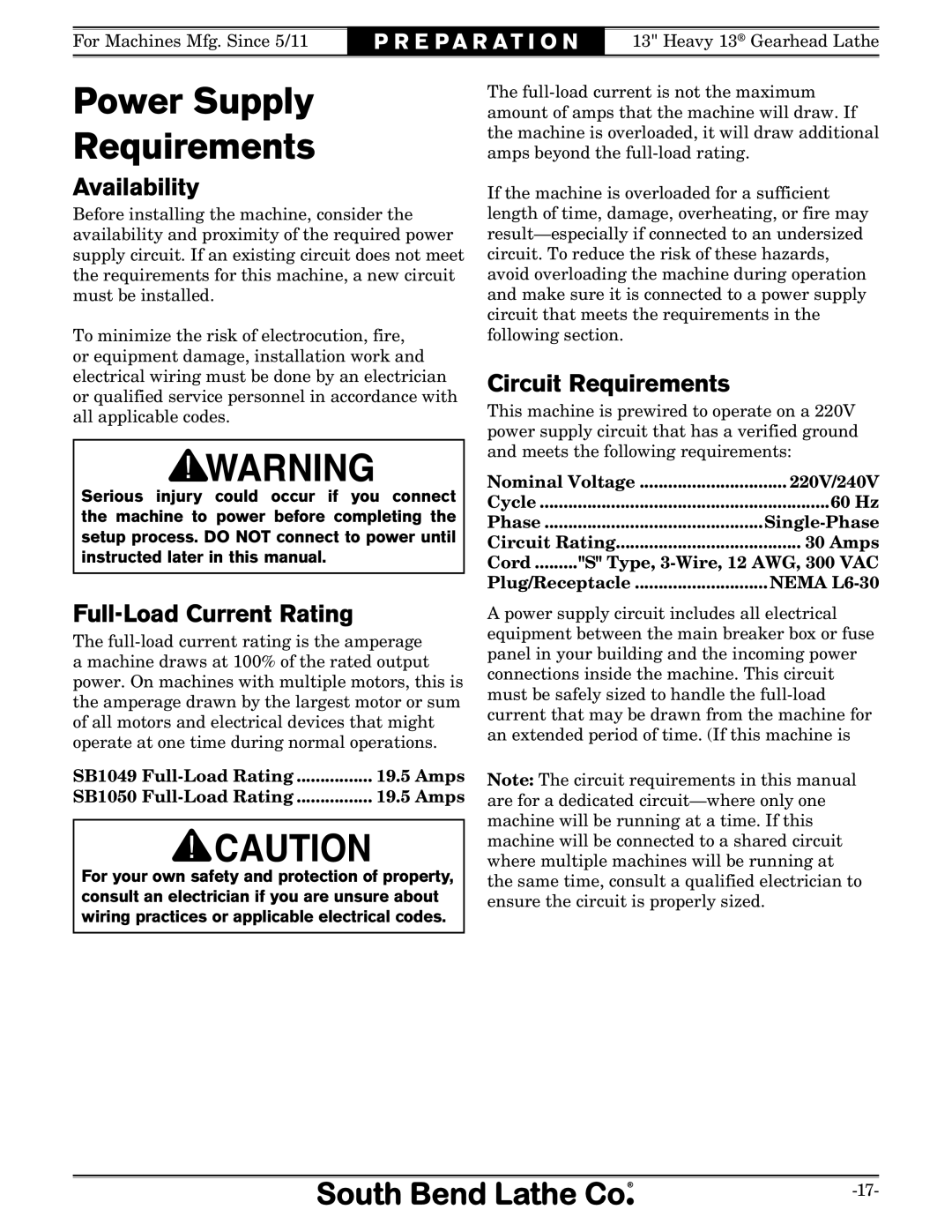 Southbend SB owner manual Power Supply Requirements, Availability, Full-Load Current Rating, Circuit Requirements 