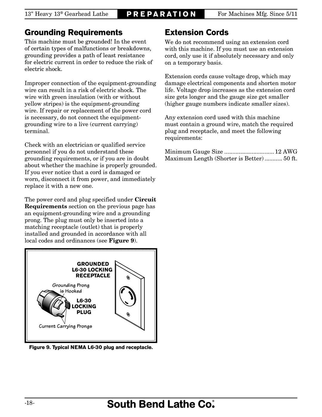 Southbend SB owner manual Grounding Requirements, Extension Cords 