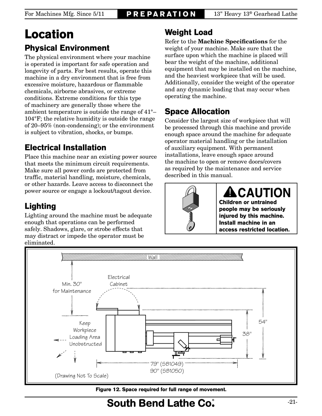 Southbend SB owner manual Location 