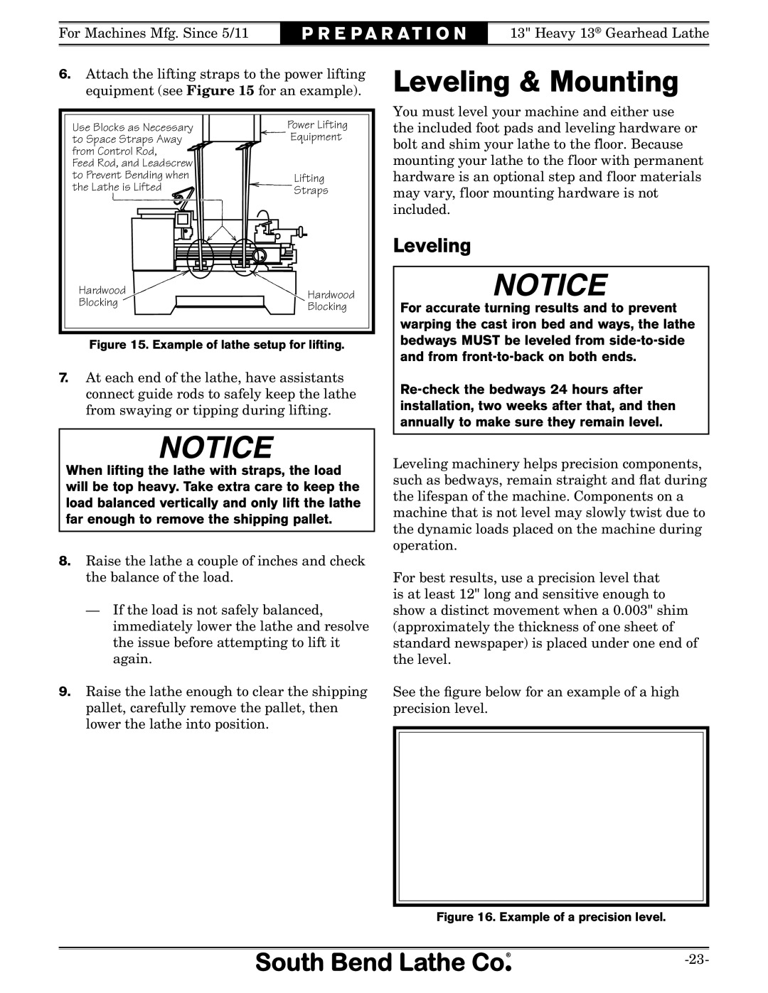 Southbend SB owner manual Leveling & Mounting 