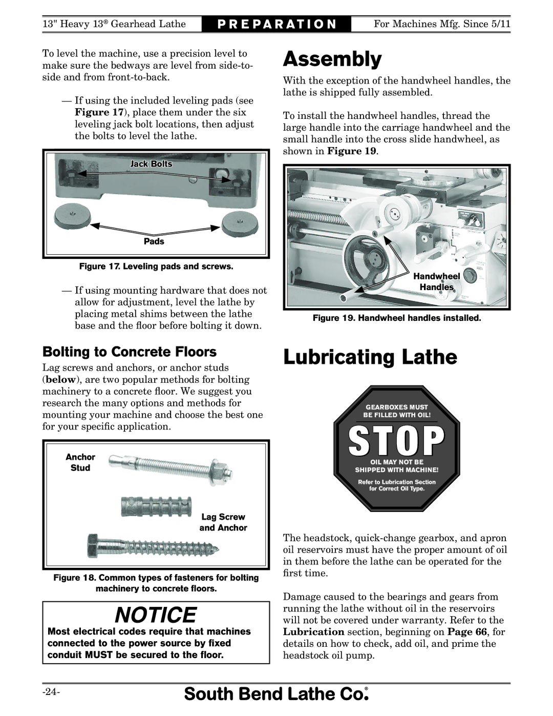 Southbend SB owner manual Assembly, Lubricating Lathe, Bolting to Concrete Floors 