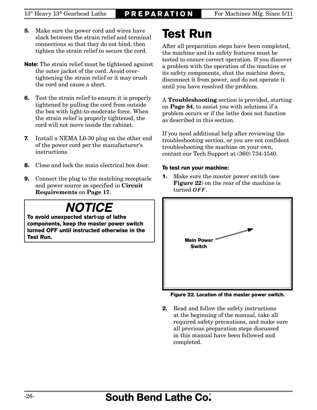 Southbend SB owner manual Test Run, To test run your machine 