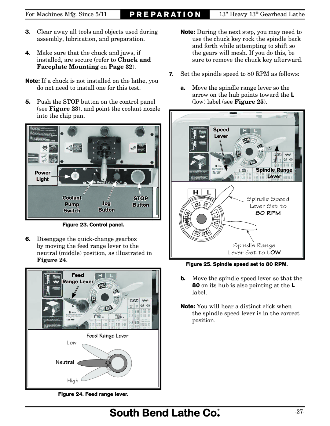 Southbend SB owner manual Feed Range Lever, Neutral, Spindle Speed, Lever Set to, 80 RPM 