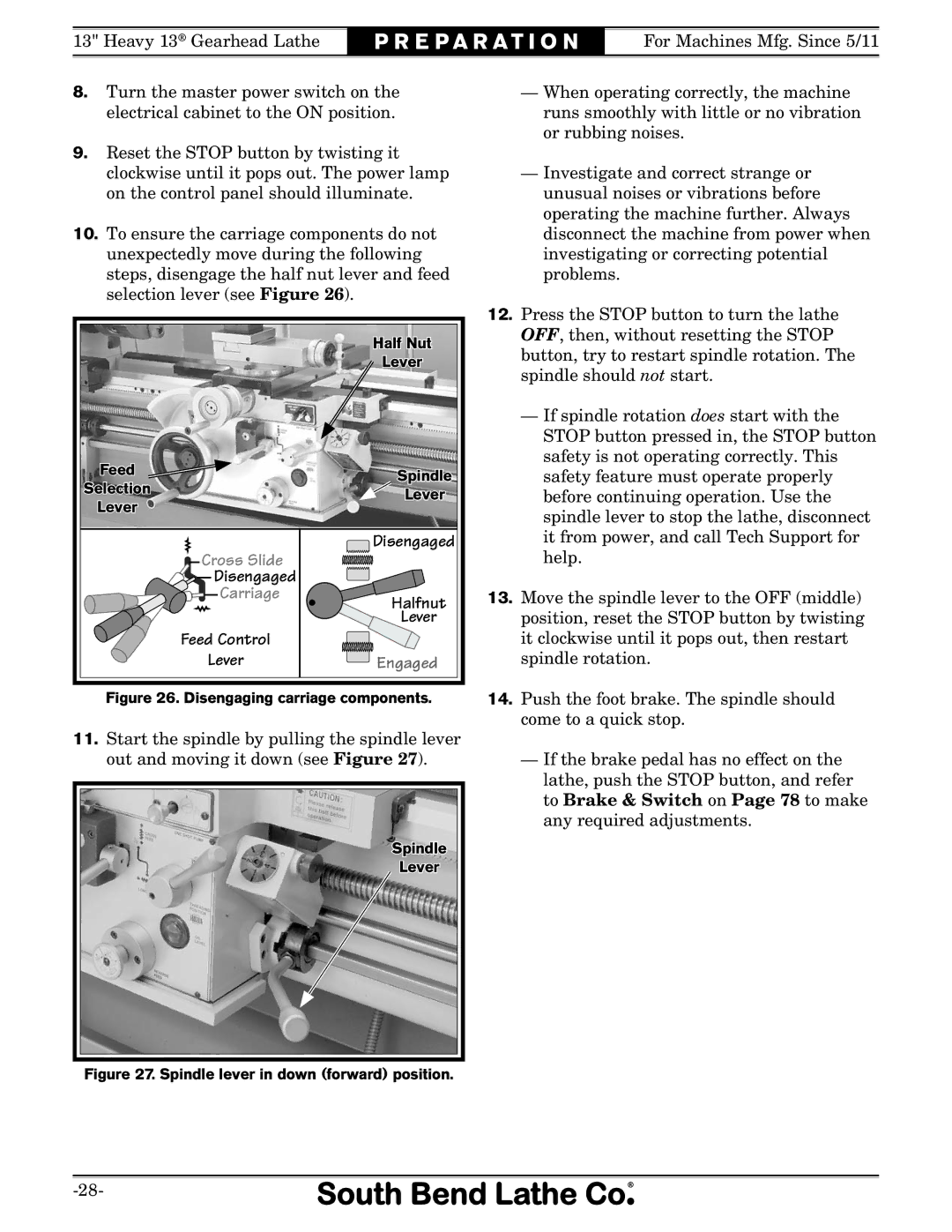 Southbend SB owner manual Carriage, Feed Control Lever Disengaged Halfnut 