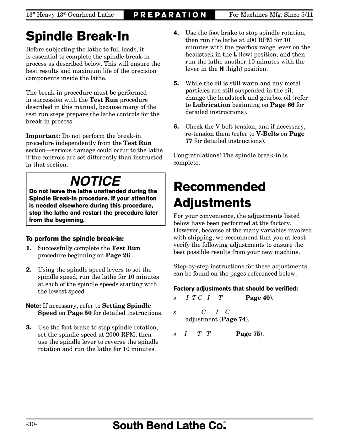 Southbend SB owner manual Spindle Break-In, Recommended Adjustments, To perform the spindle break-in 