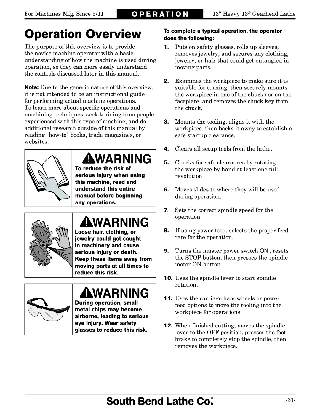 Southbend SB owner manual Operation Overview 