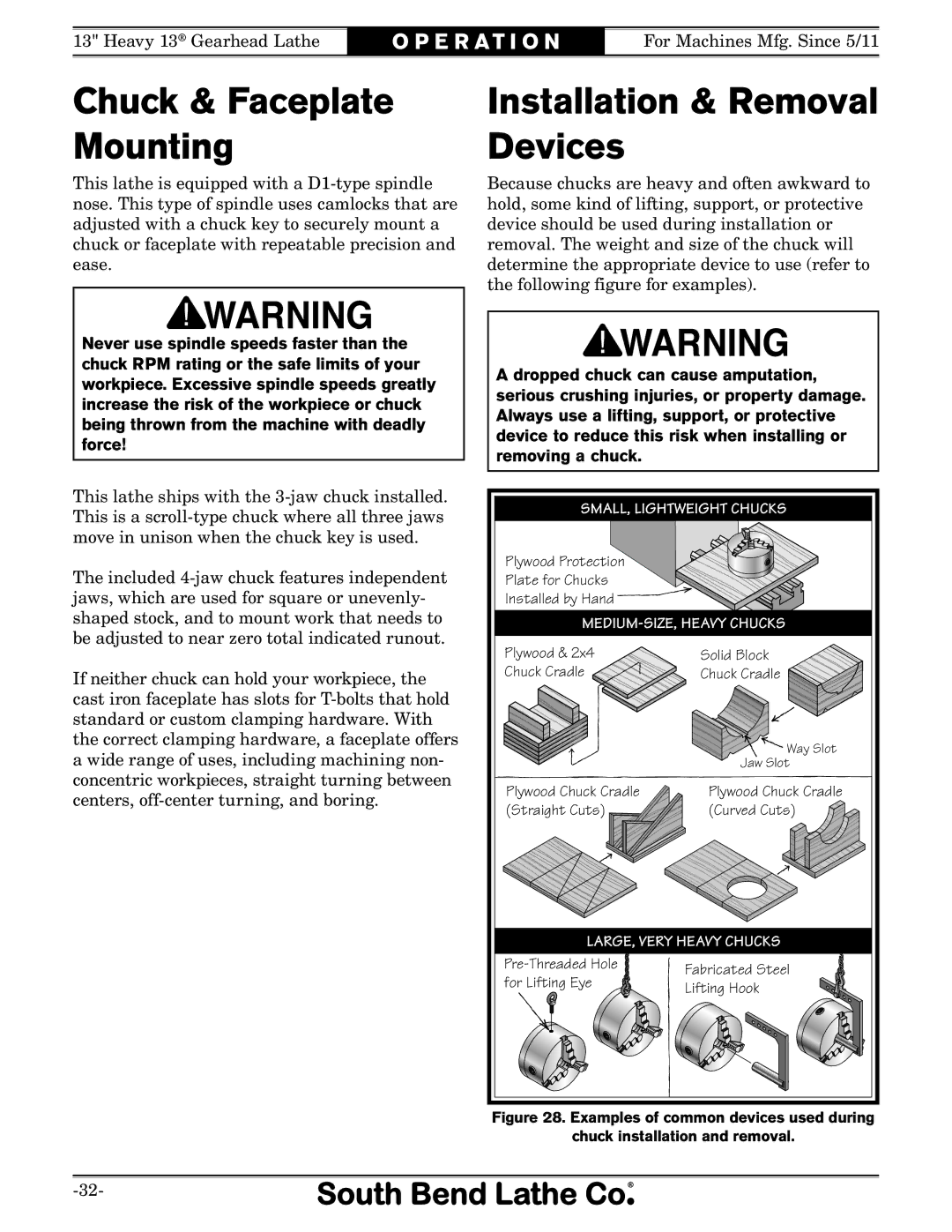 Southbend SB owner manual Installation & Removal Devices, Chuck & Faceplate Mounting 