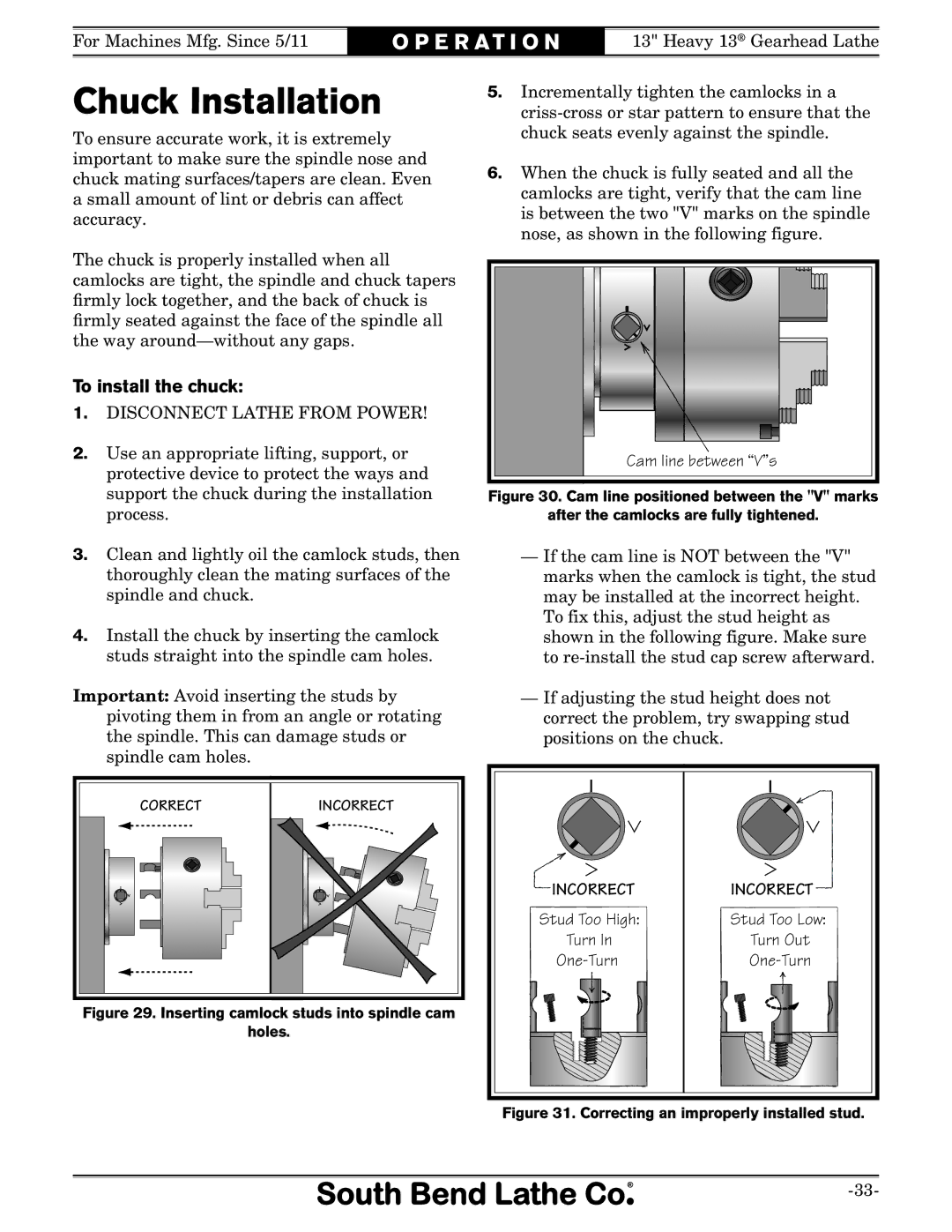 Southbend SB owner manual Chuck Installation, To install the chuck 