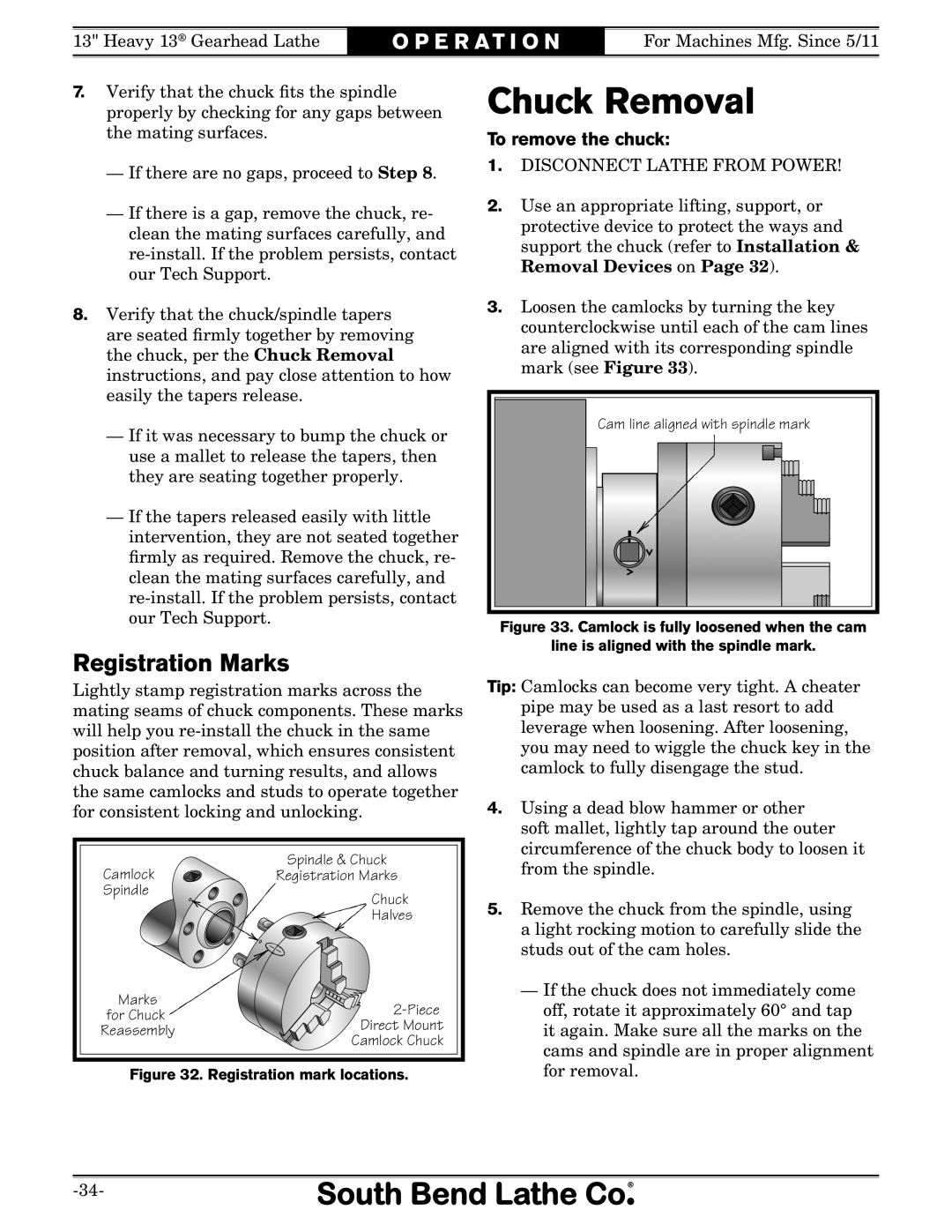 Southbend SB owner manual Chuck Removal, Registration Marks, To remove the chuck 