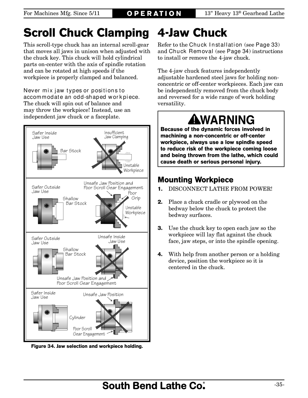 Southbend SB owner manual Scroll Chuck Clamping, Jaw Chuck, Mounting Workpiece 