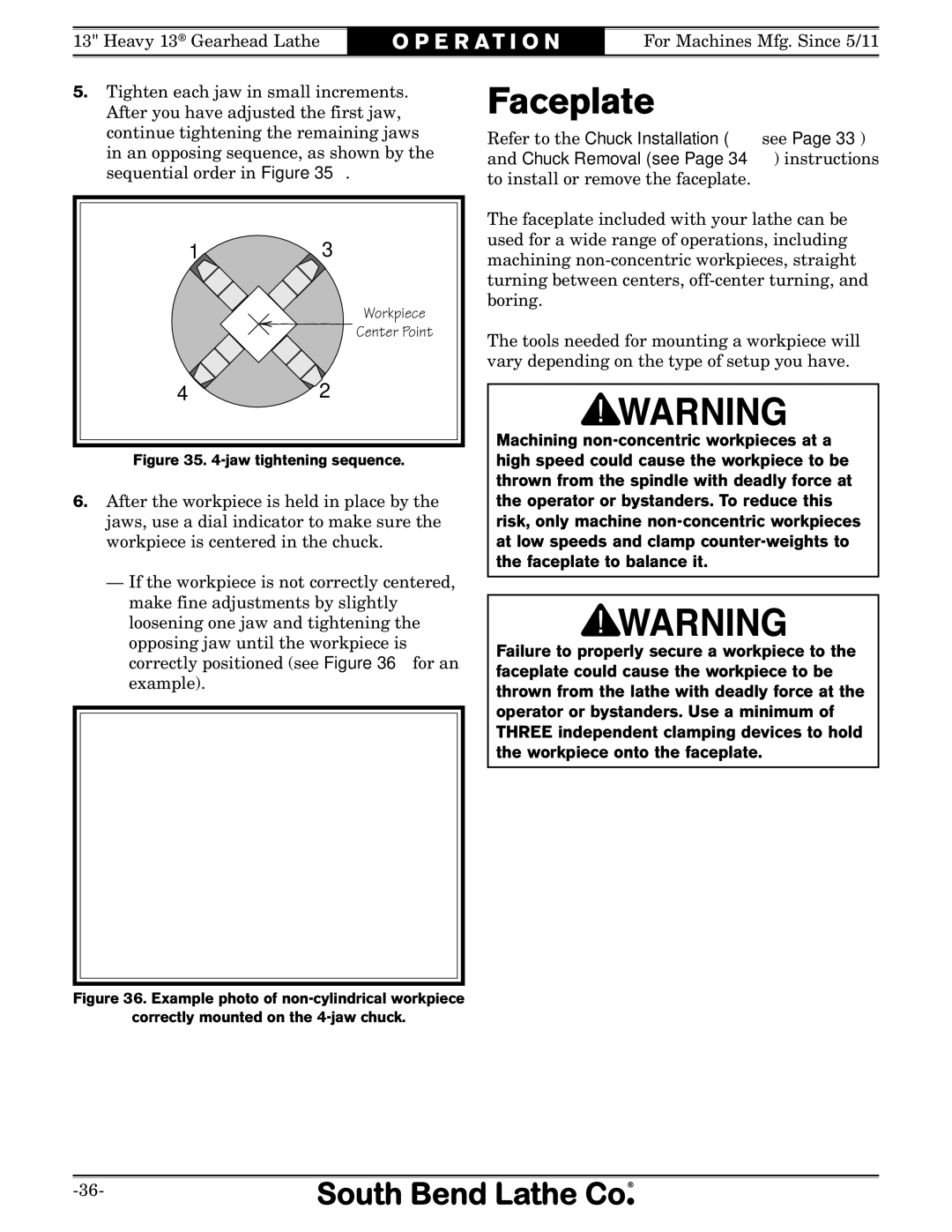 Southbend SB owner manual Faceplate, Jaw tightening sequence 