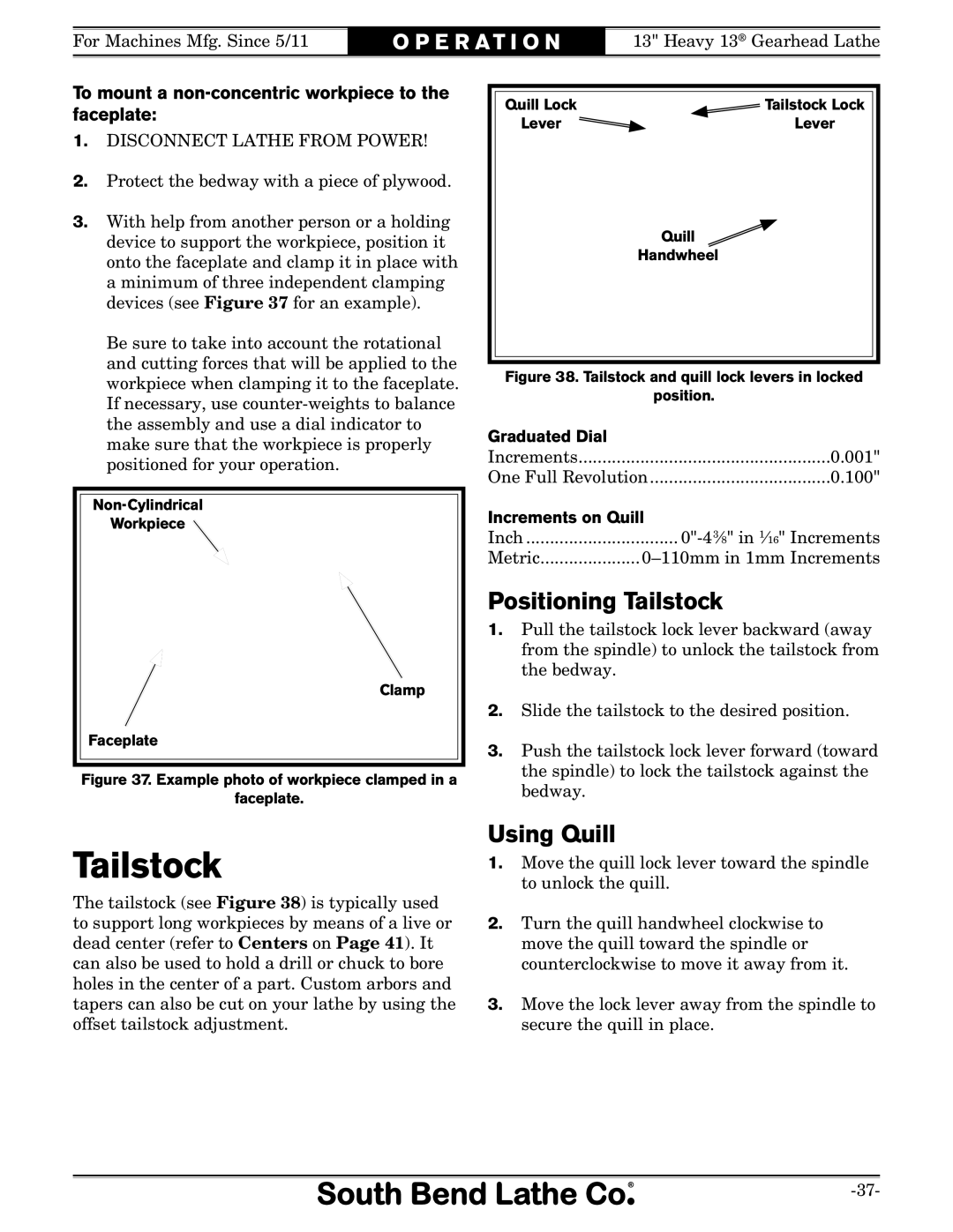 Southbend SB owner manual Positioning Tailstock, Using Quill, To mount a non-concentric workpiece to the faceplate 