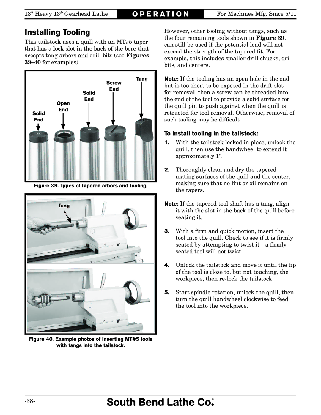 Southbend SB owner manual Installing Tooling, To install tooling in the tailstock 