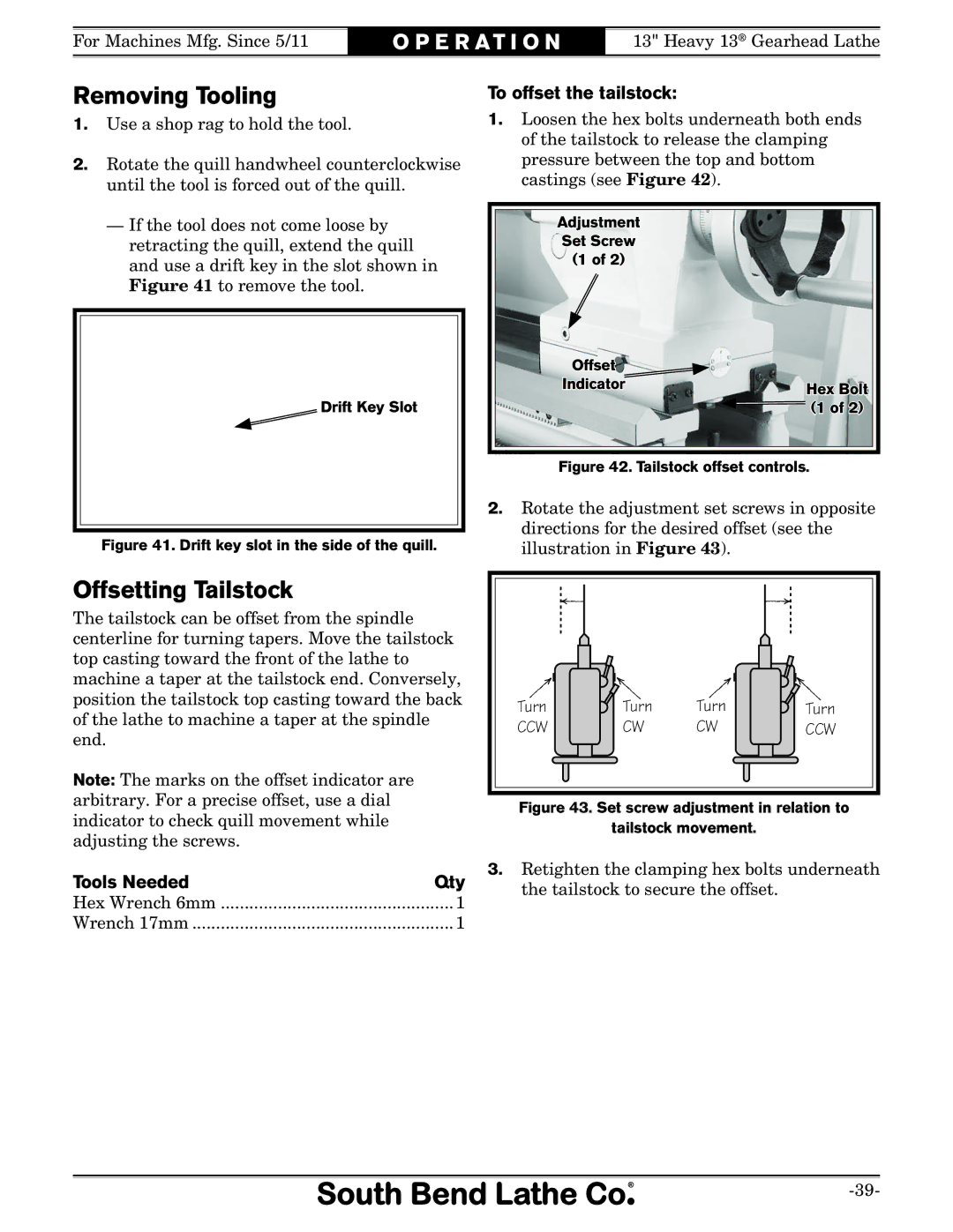 Southbend SB owner manual Removing Tooling, Offsetting Tailstock, To offset the tailstock, Tools Needed Qty 