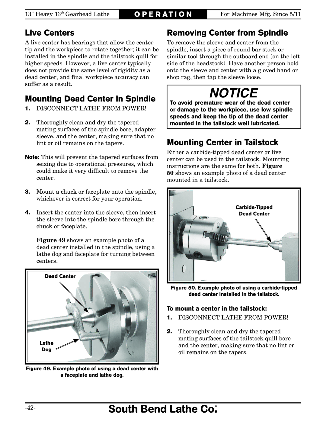 Southbend SB Live Centers, Mounting Dead Center in Spindle, Removing Center from Spindle, Mounting Center in Tailstock 