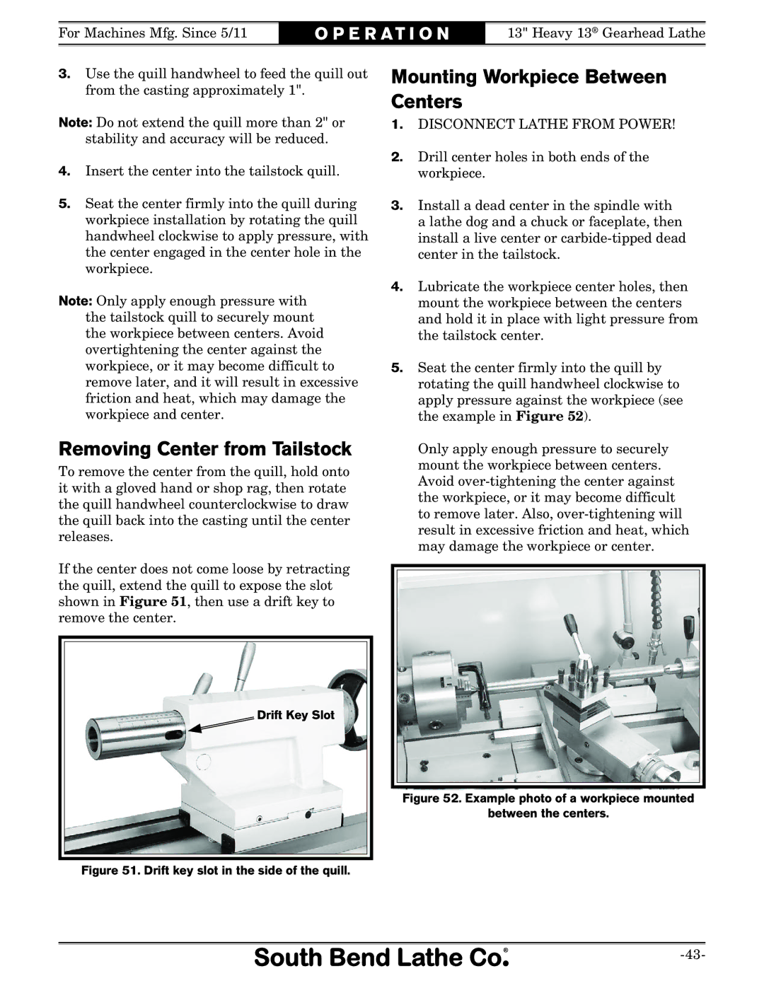 Southbend SB owner manual Removing Center from Tailstock, Mounting Workpiece Between Centers 