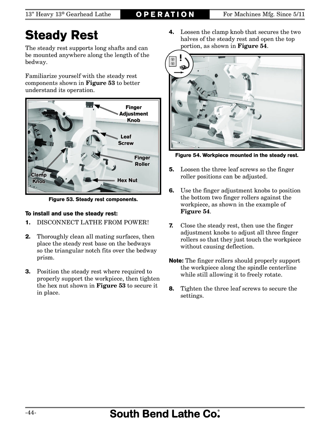 Southbend SB owner manual Steady Rest, To install and use the steady rest 